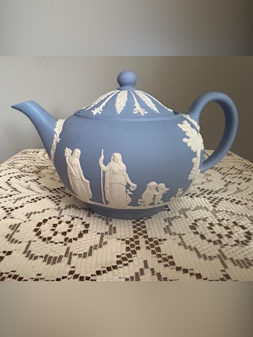 Wedgwood Blue Jasperware Teapot with White Classical Relief